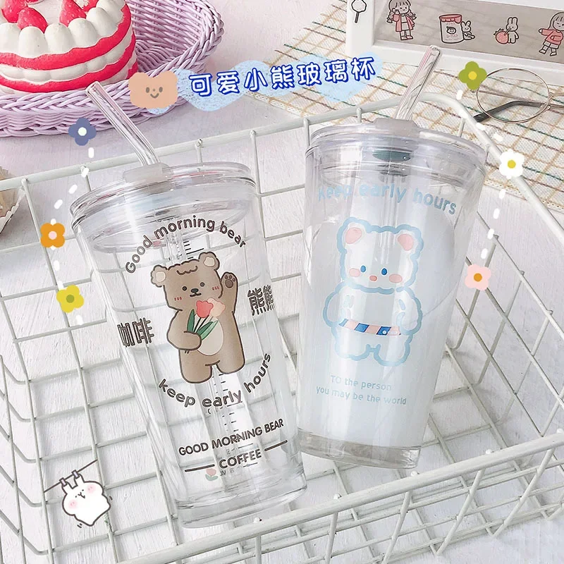 

New 480ML Kawaii Glass Straw Cup with Cover Cartoon Water Cup Drinkware Juice Tea Coffee Milk Cup Glass Mugs Gift