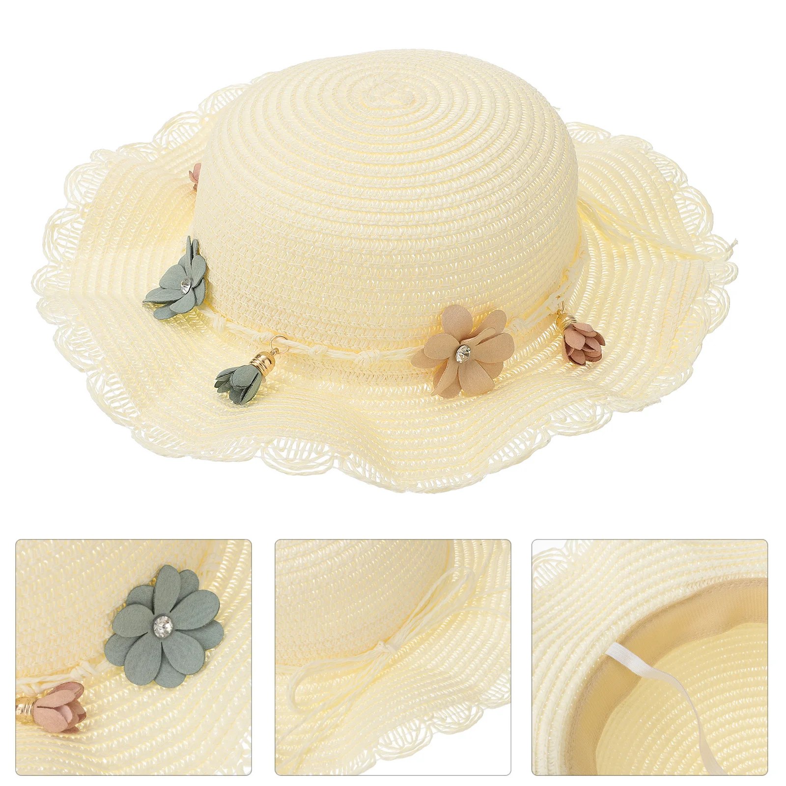 

1pc Kids Sun 52-54Cm Milky White Wide Brim Floppy Straw Uv Protection Beach Travel Breathable Fashion Outdoor Shade Children