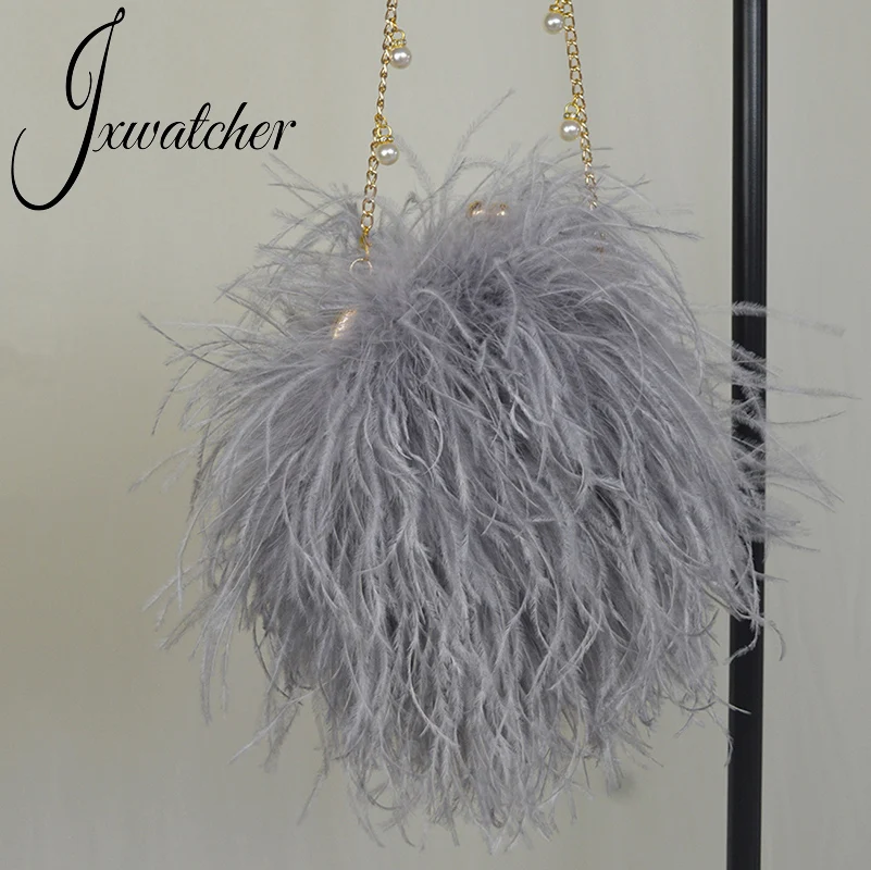 Jxwatcher Designer Ostrich Feather Wallet Evening Party Handbag Women Wedding Clutch Bags Lady Fashion Chain Shoulder Bag Purse