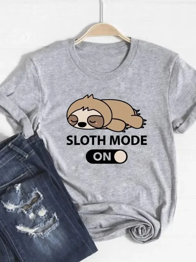 Summer Clothes Women Clothing Fashion Basic Tee Top Sloth Cartoon Sweet 90s Cute Graphic T-shirt Print T Shirt Short Sleeve