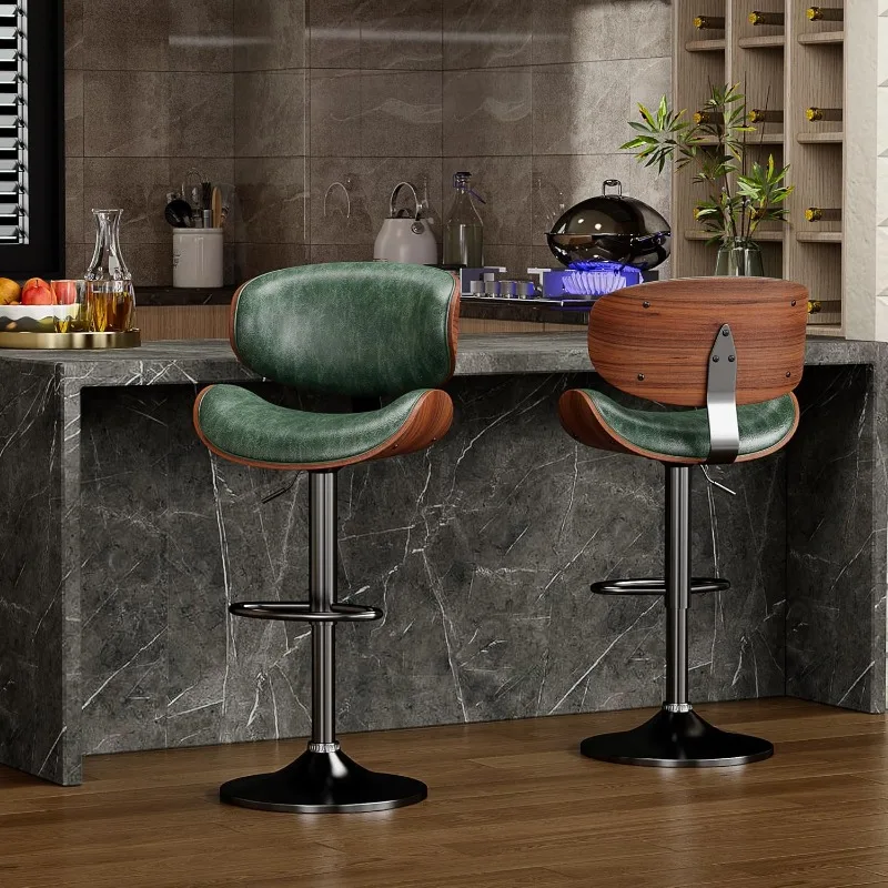 Bar Stools Set of 4, Bentwood Adjustable Height Swivel Bar Stools, PU Leather Upholstered Bar Chair with Back and Footrest for B