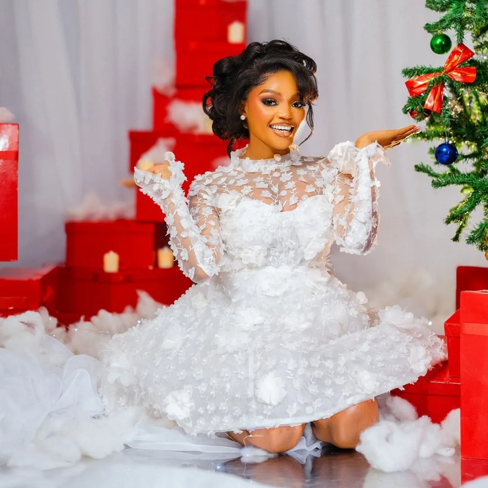 عيد الميلاد فستان الزفاف الرقبة العالية الزهور الصناعية الوهم طويلة الأكمام فستان الزفاف مشد الظهر فساتين الزفاف الضيوف #5