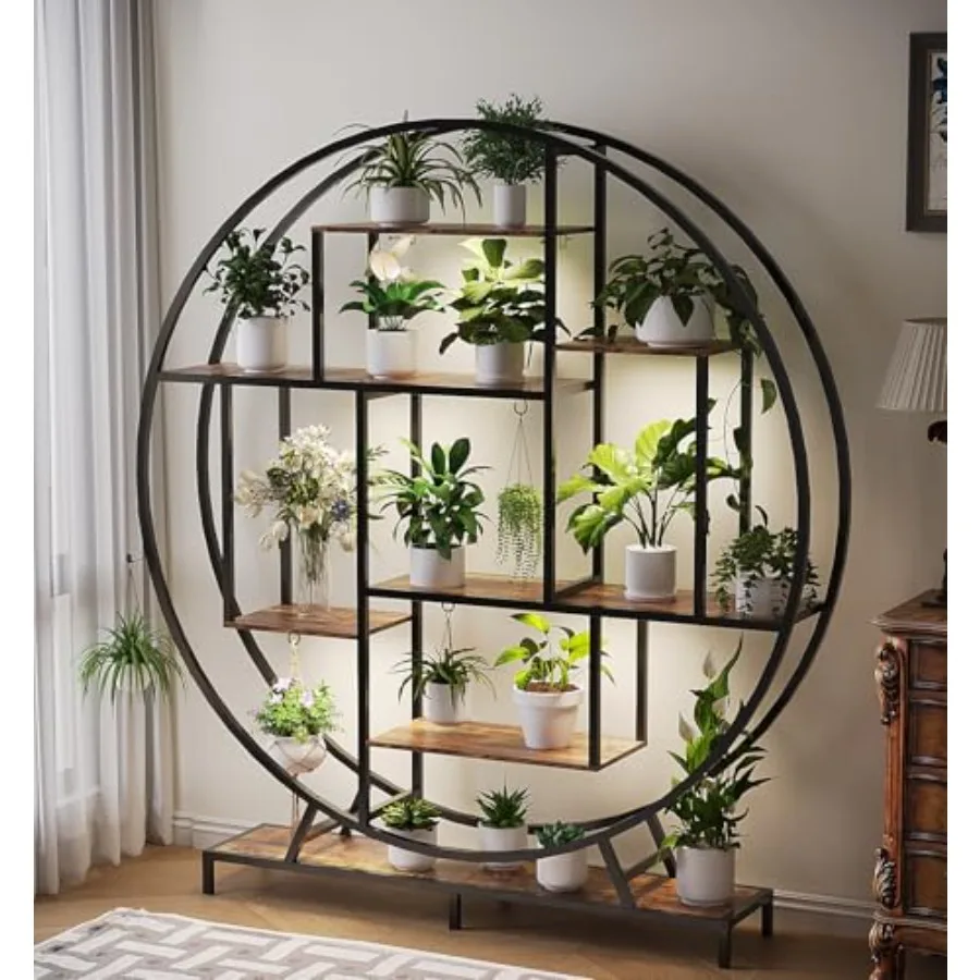 Indoor plant stand with grow light for living room, balcony office; metal; black; 63 tall, 5 LED lights, full-moon round tiered