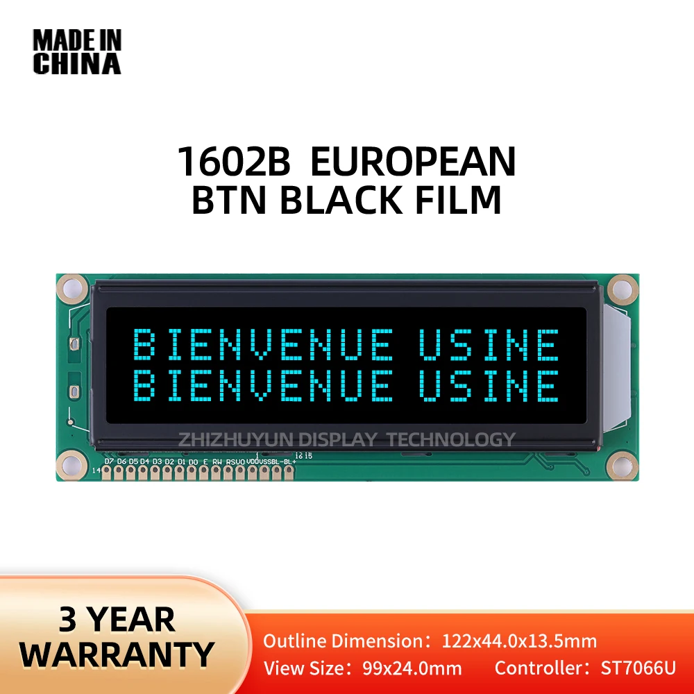 

1602B European Character LCD Screen BTN Black Film Ice Blue 16X2 Dot Matrix Character 3.6-Inch Support Solution Development