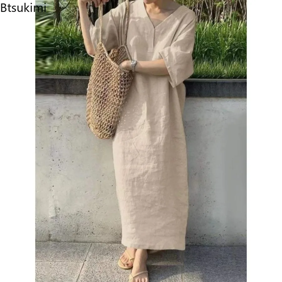 

New 2025 Women's Cotton Linen Casual Long Dress Spring Summer Solid Short-sleeved V-neck Loose Dress Ladies Elegant Pocket Dress