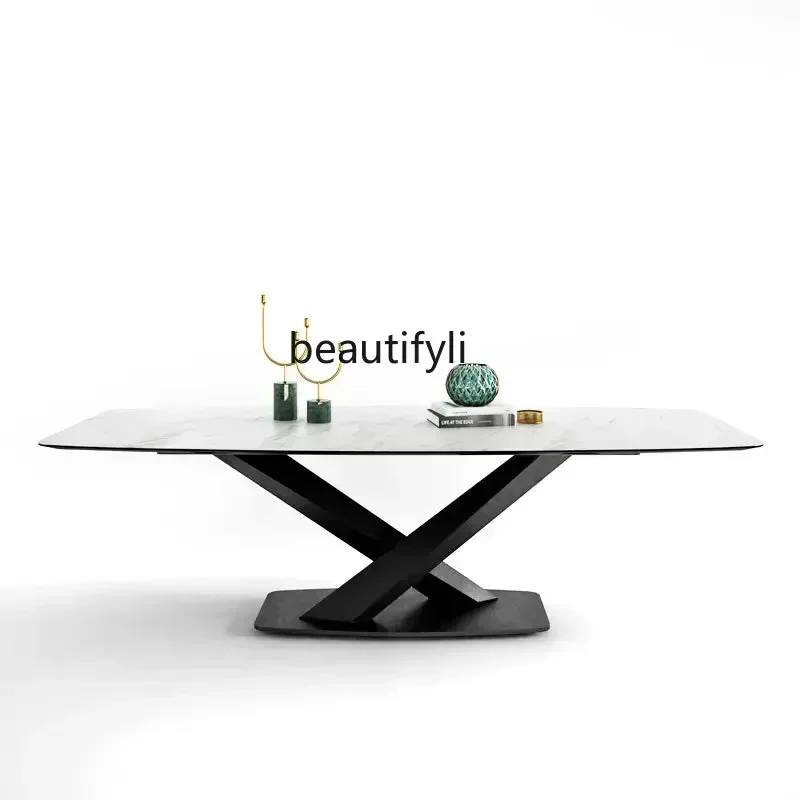 ss7486 Designer Italy imported rock slab scratch-resistant high temperature modern rectangular dining table and chairs New Light
