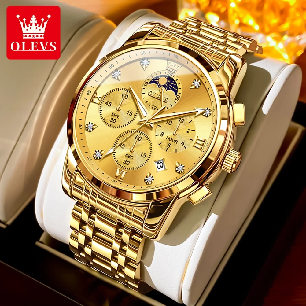 

OLEVS Men's Watches Top Brand Luxury Fashion Fine Steel Multi-functional Original Quartz Wristwatch for Man Moon Phase Date 3655