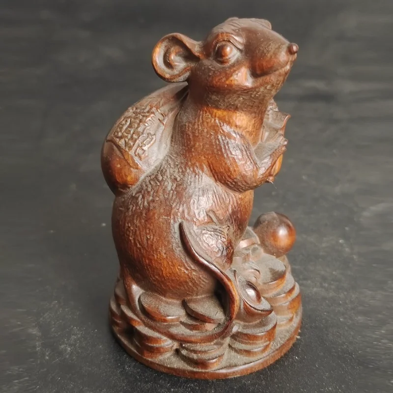 2.8'' Hand Carved Boxwood Mouse Rat on Coins Chinese Zodiac Wealth Good Luck Figurine Tea Pet Desk Ornament Collectible