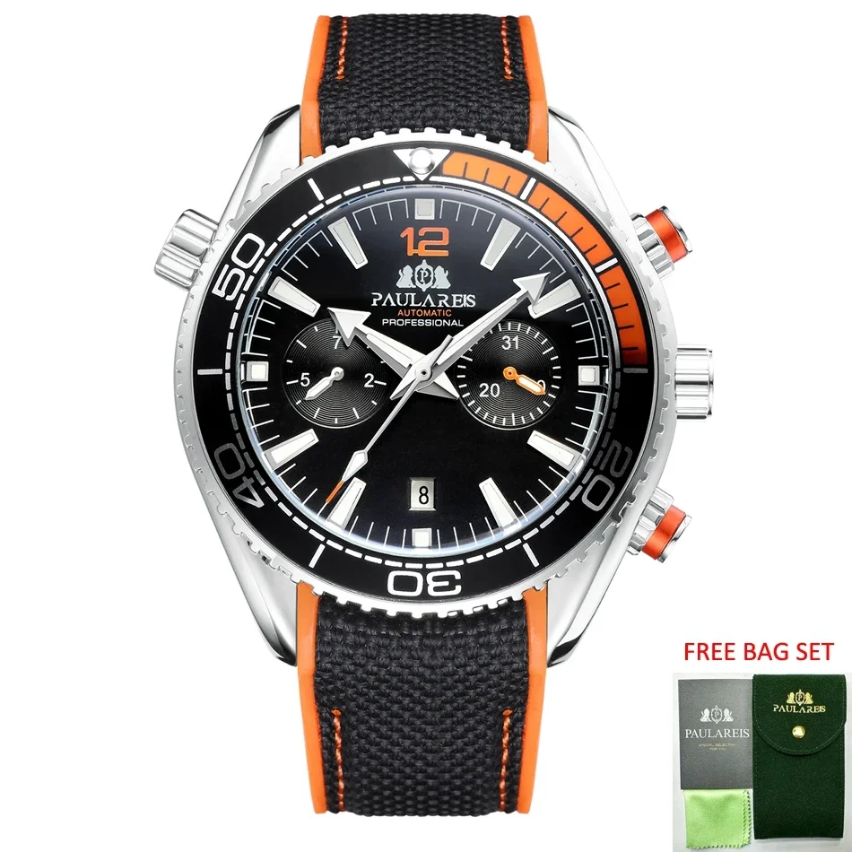 Automatic Watches for Men Mechanical Self Wind Canvas Rubber Strap Orange Blue Multifunction Date Month Reloj Hombre Baratos