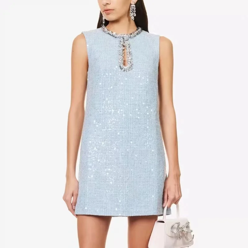 2024 French Runway Summer Sleeveless Tank Tweed Blue Dress New Sweet Women Diamonds Sequins Hollow Out Sexy Short A Line Vestido