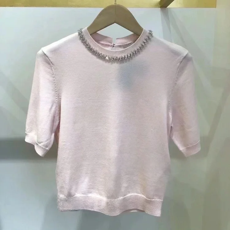 

MaSandeM Women's Sweet Pink Diamond Decorated Knitted T-irt Early Autumn Faion Top PU0080 ort Sve Regular Fit