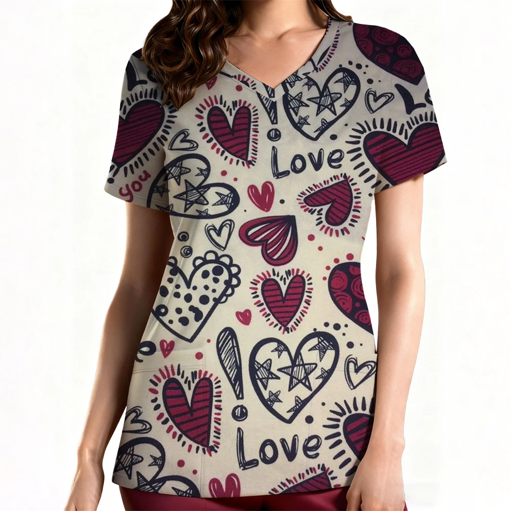 المرأة العمل موحدة ابتسامة القلب طباعة قصيرة الأكمام الخامس الرقبة جيب تصميم القمم الدعك الزي الطبي السريري بلوزة نسائية