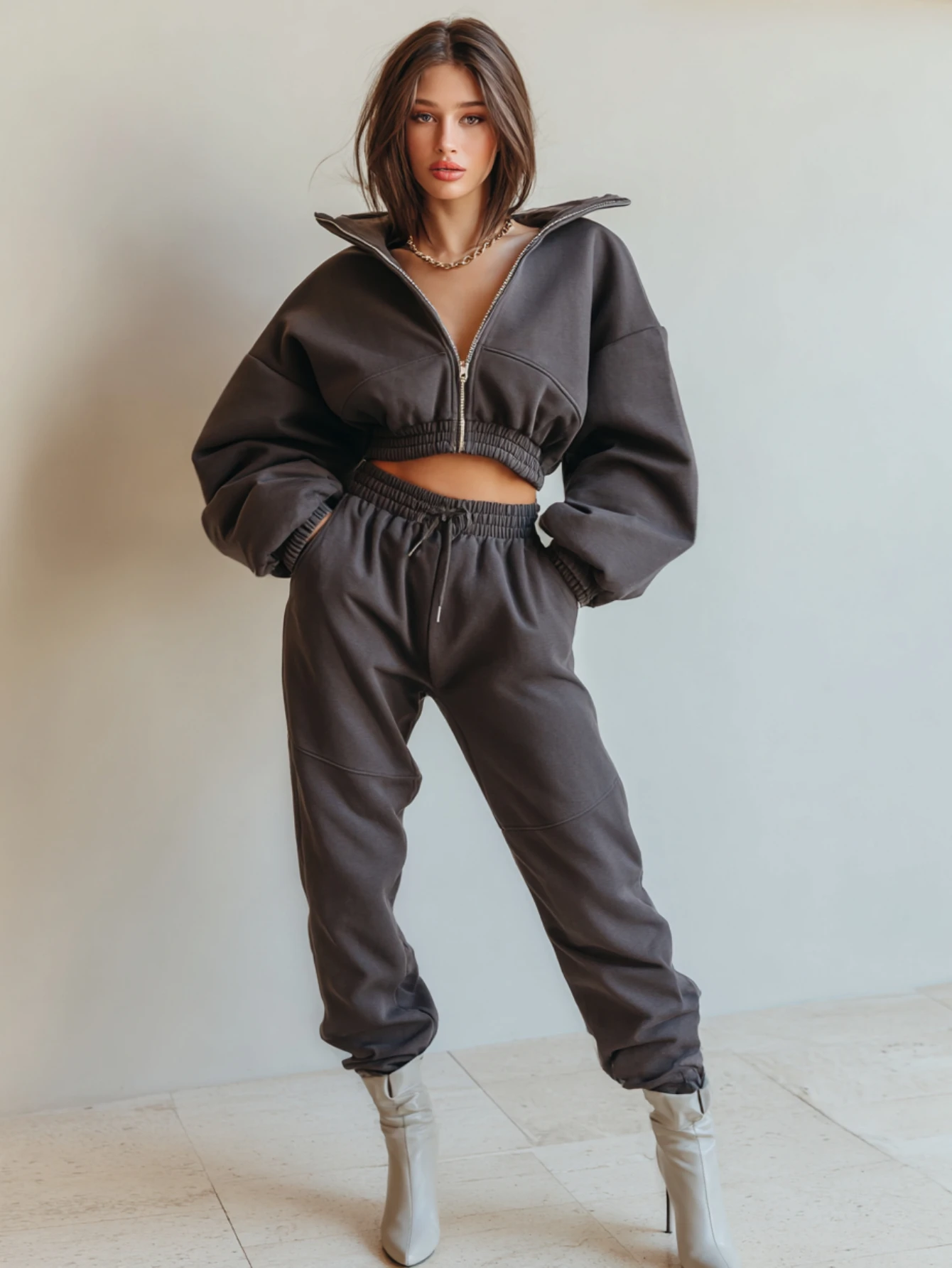 

Mia Muse Select Women's Sets Autumn Winter Chic Plain Zipper Open Front Cropped Long Sleeve Lapel Ankle Length Casual Pants Sets