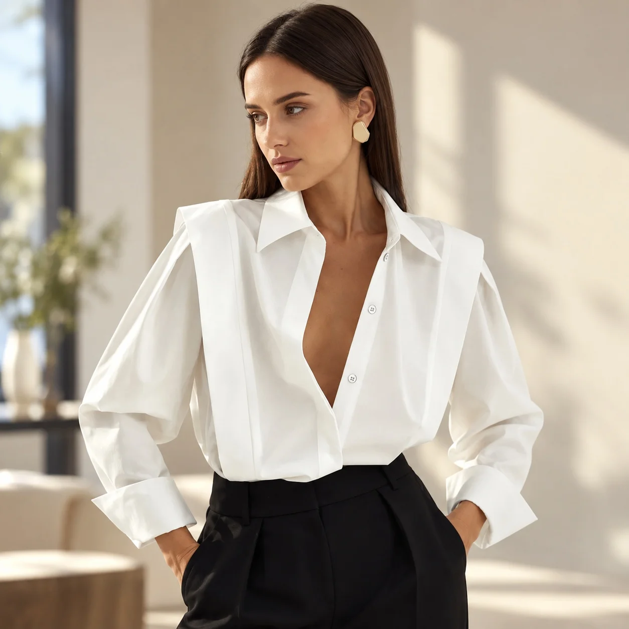 Loose Fit Patchwork Shirt with Long Sleeve Elegant Commuter Women Blouse Autumn Single Breasted No Stretch Regular Length