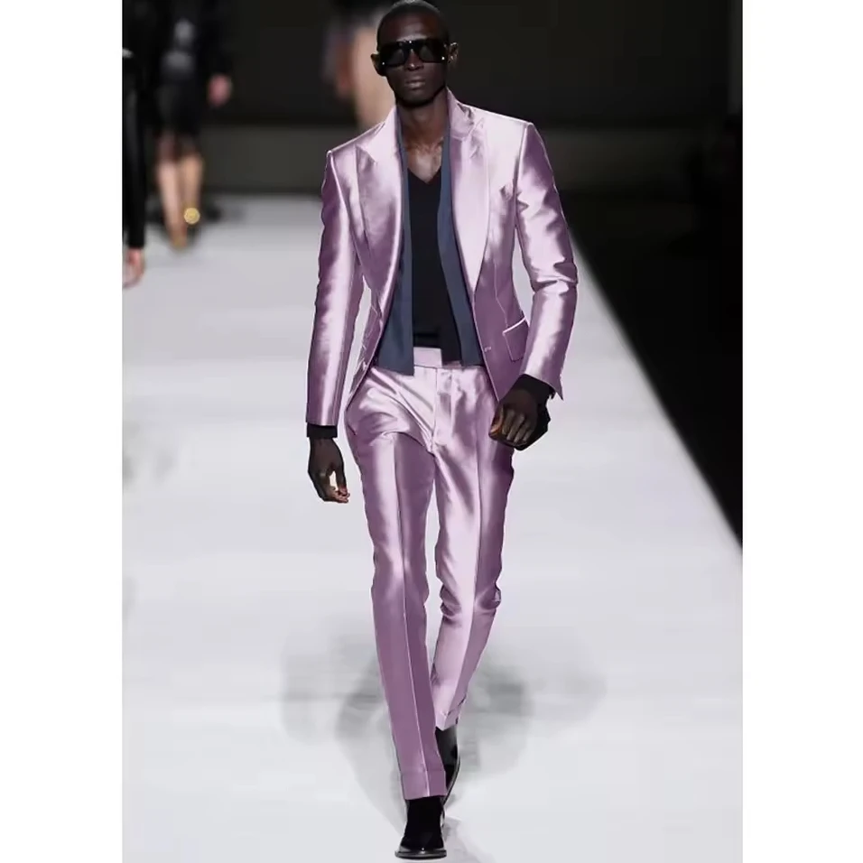 

Men's Suit Satin Single Breasted Peak Lapel 2-Piece Formal Summer Suits Wedding Stage Slim Fit Elegant Male Set (Blazer+Pants)