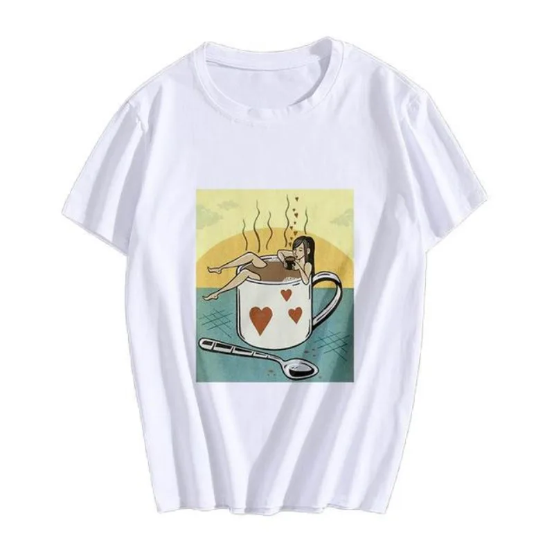 Spring Women's Short Sleeve T-shirt New Cartoon Hand Painted Coffee Cup Letter Printing Harajuku  Women Clothes  Aesthetic