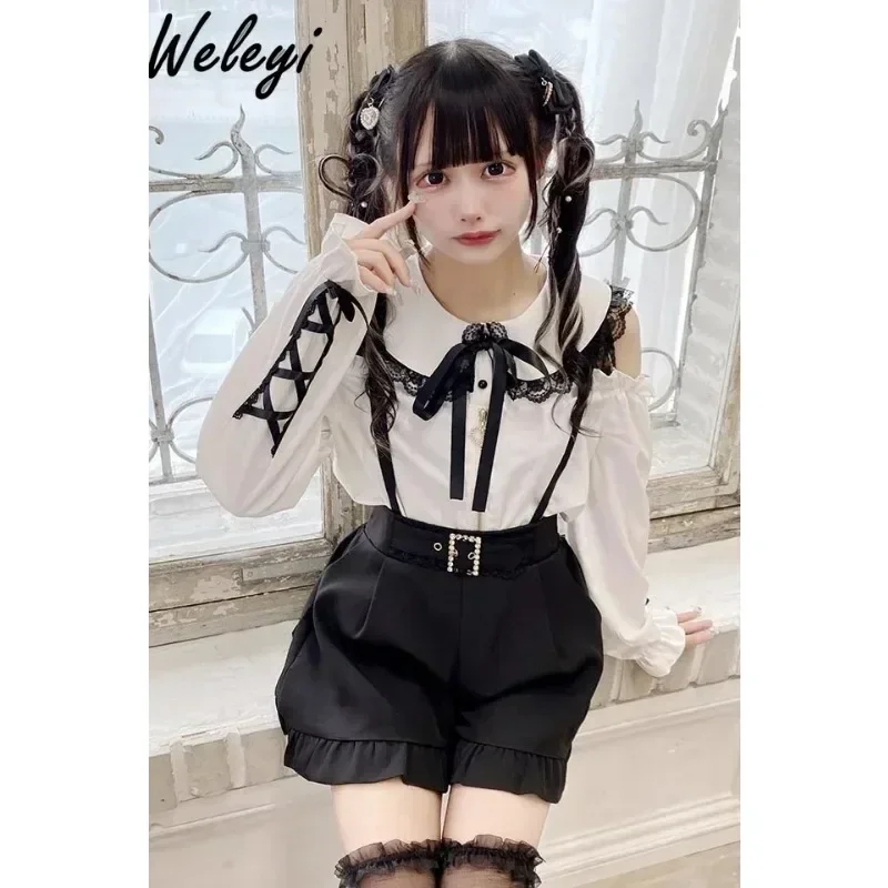 Jirai Kei Blouse Ladies 2024 Spring and Autumn Japanese Style Massed Production Mine Sweet Women Off Shoulder Sailor Collar Top