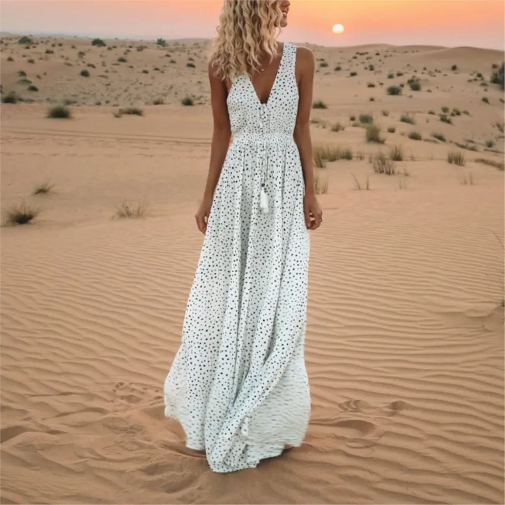 Vestido largo sin mangas con estampado de moda, vestido informal bohemio de verano con cuello en V, vestido holgado de corte A, vestido elegante para fiesta en la playa, bata para mujer