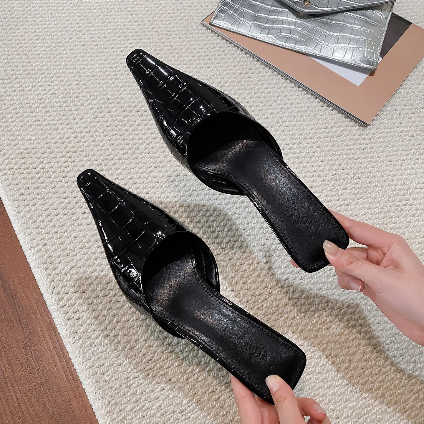 Women Patent Leather Crocodile Patterned High Heels Square 