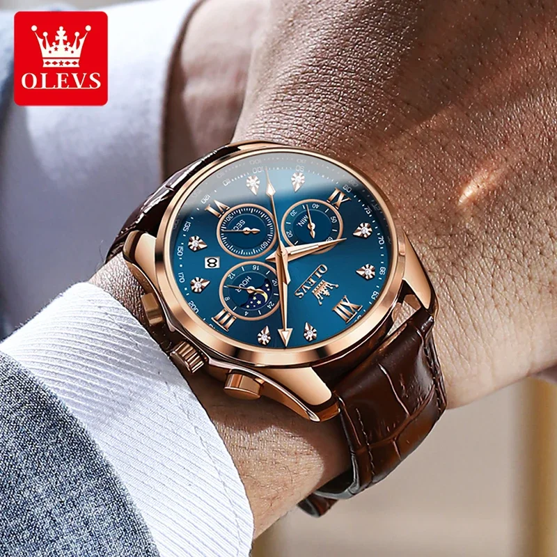 OLEVS 2888 Casual Fashion Rose Gold Men Quartz Watch Multifunctional Chronograph Watch Genuine Leather Watches Reloj