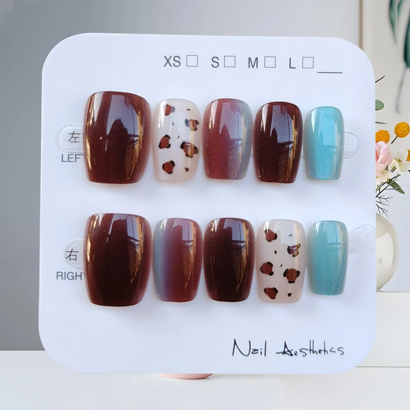 10 قطعة الخريف الشتاء نمط جديد الأزرق البني التباين اللون مسمار ملصقات الأظافر ملصق اضغط على الأظافر مسمار التصحيح مزاجه الأظافر وهمية