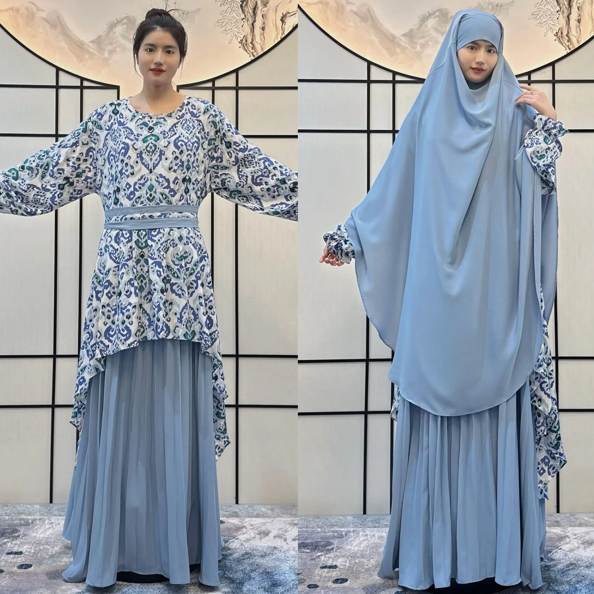 Eid Ramadán Jalabiya-Conjunto de 2 piezas para mujer, Abaya de oración para mujeres modestas, Khimar Hijab, vestido largo, caftán musulmán, traje de ropa islámica