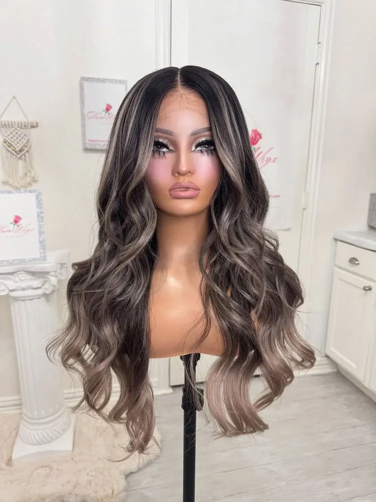 Perruque Lace Front Wig synthétique marron chocolat ombré 13x4, perruque Lace Front Wig HD à reflets 180% haute densité sans colle pour femmes