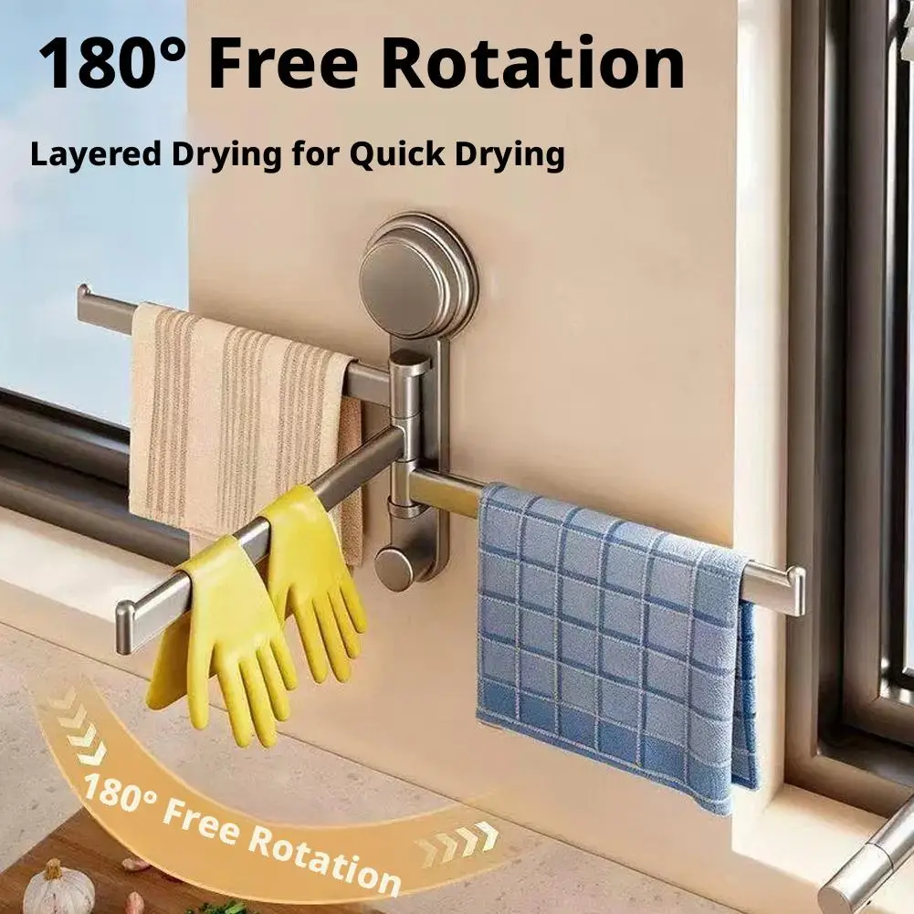 Suction Cup Swivel Towel Rack,180° Rotating Multi-Bar Drying Rack,No-Drill Wall Mounted Holder for Kitchen Bathroom