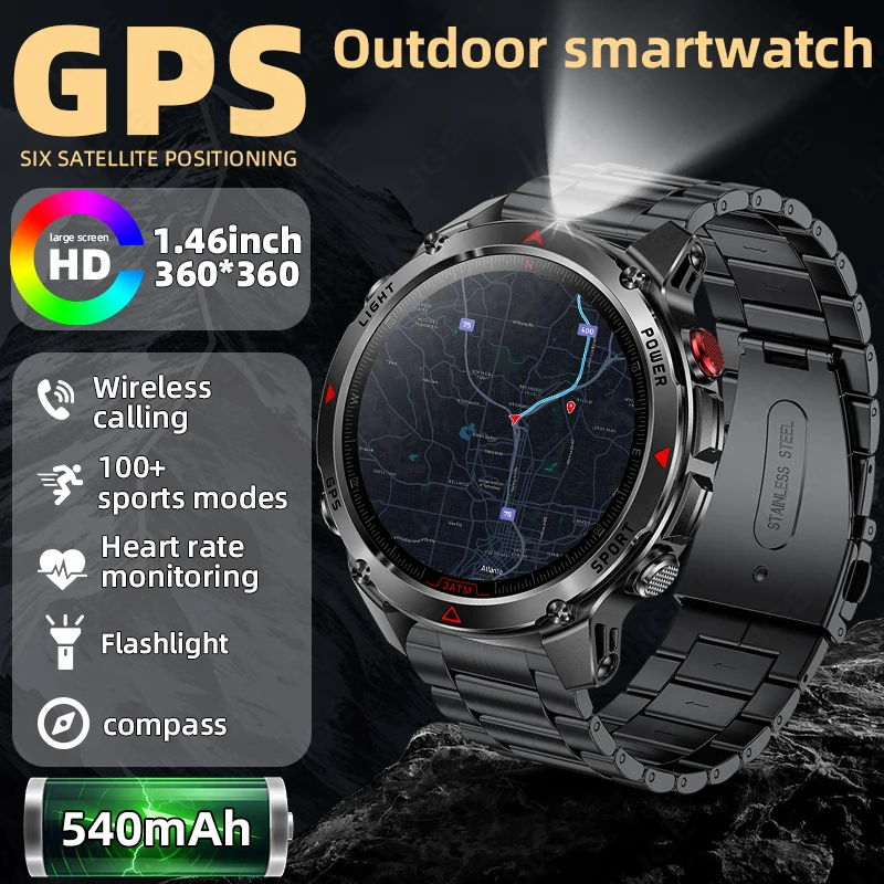 

LIGE светодиодные уличные военные GPS умные часы для мужчин 1,46 "AMOLED компас высотомер BT вызов 3ATM водонепроницаемые часы спортивные умные часы новые