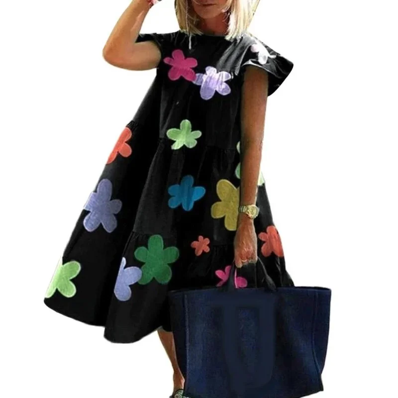 Plus Size Dresses Oversized Women 2024 Casual Summer O-neck Short-sleeved Floral Print Loose A-line Beach Dress Vacation Outfits