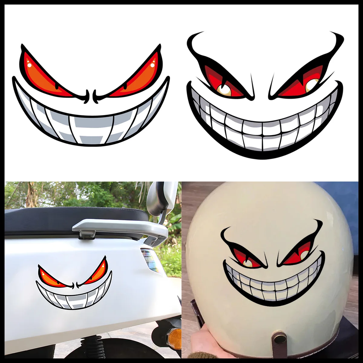 

2 шт., креативная наклейка на мотоцикл с улыбающимся лицом демона, водостойкая мотоциклетная наклейка на топливный бак, шлем, электрический скутер, солнцезащитный крем, виниловые наклейки
