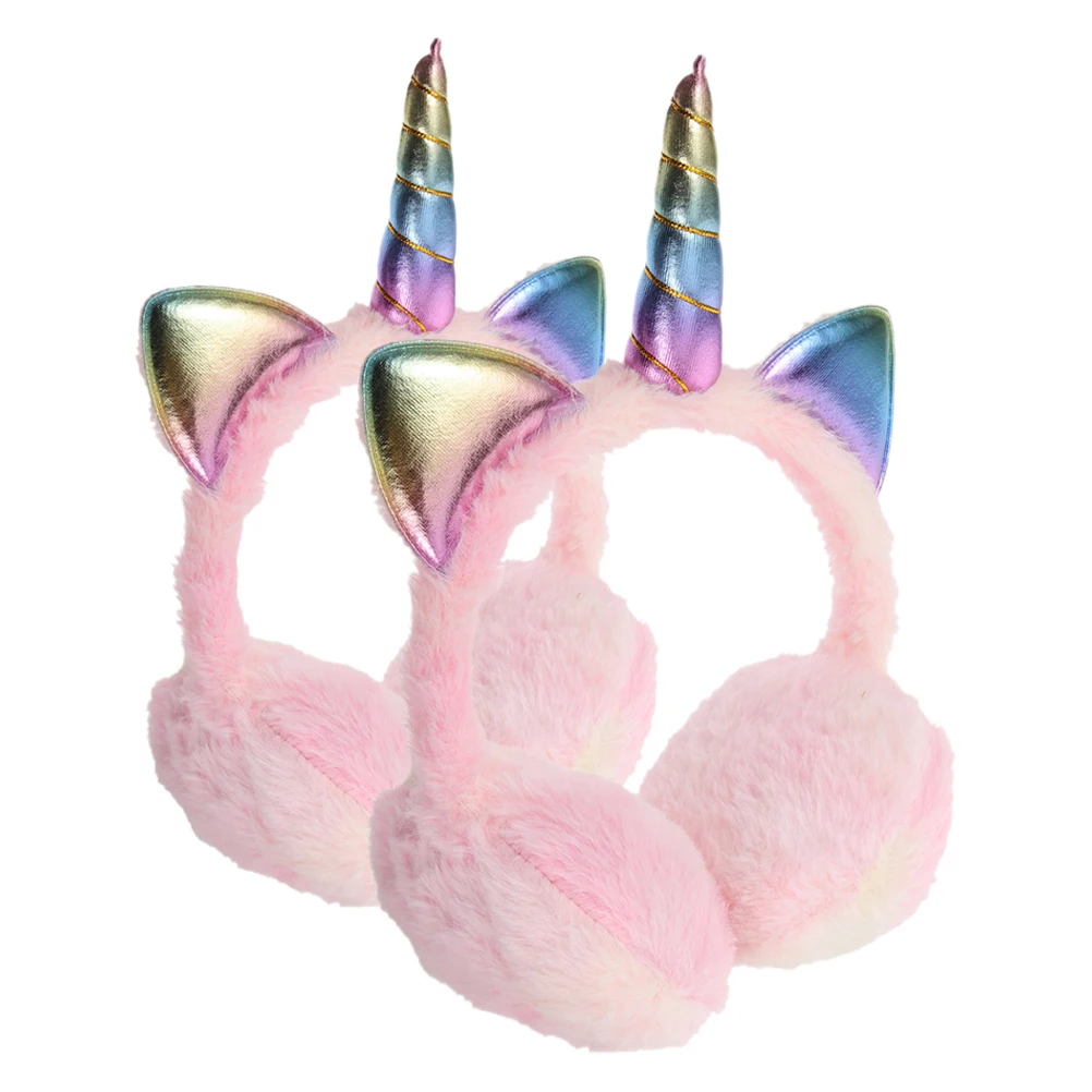 2Pcs Earmuffs Women Kids Girls Cute Unicorn Winter Warm Foldable Windproof Ear Warmer Earmuff For Indoor And Outdoor Pink NEW