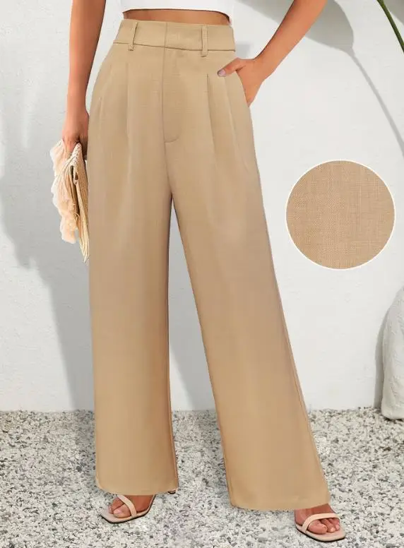 

High Waisted Straight Leg Business Long Pants, Casual Versatile Pockets, Wide Leg Suit Pants