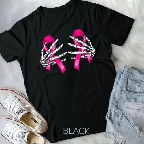 Boob Skeleton Hand On Breast Cancer Ribbon Halloween Unisex T-shirt