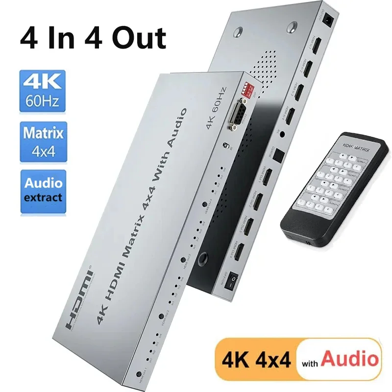 4K 60Hz 4x4 HDMI Matrix with Audio Extractor HDR 3D 1080P Video Switcher Splitter 4 in 4 Out HDCP2.2 EDID RS232 for PS4 PC To TV