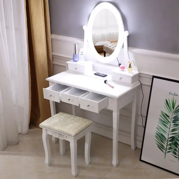 ZK30 With Light Bulb Single Mirror 5 Drawer Dressing Table White