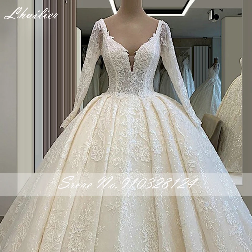 Lhuilier elegante scollo a V a-line abiti da sposa in pizzo maniche lunghe Glitter Tulle V Back abito da sposa con strascico