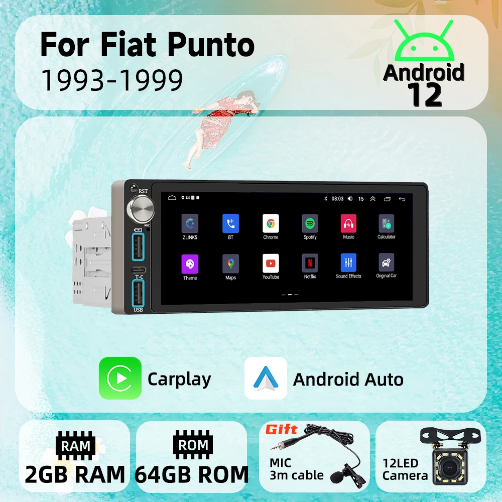 

Carplay 6.86" Screen Multimedia 1 Din Android Car Radio for Fiat Punto 1993-1999 Head Unit Autoradio Stereo GPS Navigation WIFI