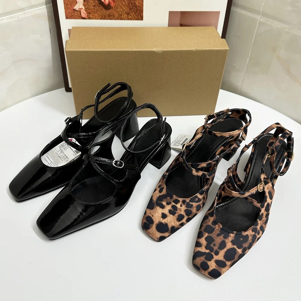 Zafetou Woman Shoes 2024 Trend Autumn New Elegant Ankle Strap Square Headed Leopard Print Thick Heeled Shoes With High Heels