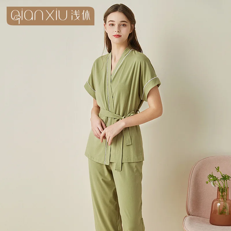 Summer Female Casual Pajama Sets Bamboo Fiber Cotton Sleepwear Suit Women Pijama Mujer Grande Ladies Comfort Home Clothes