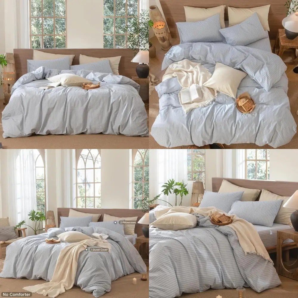 

100% Cotton Linen Texture Duvet Cover Set - Breathable, Durable, Soft and Comfortable - Cornflower Blue White Wide Stripes Long