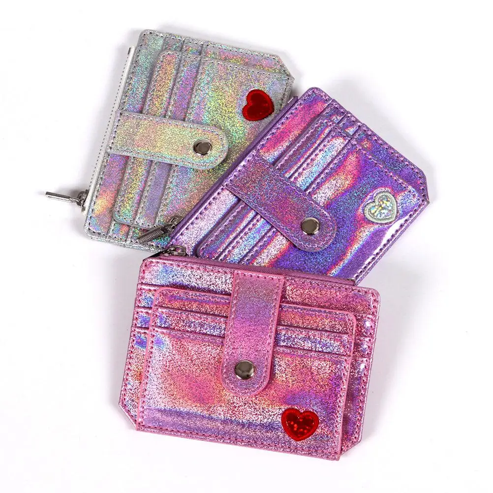 

Holographic PU Change Purse for Women Shiny Coin Wallet with Heart Embroidery 4 Card Slots Zipper Closure Silver