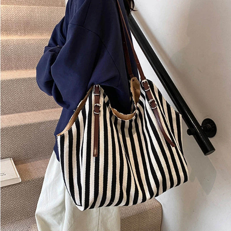 

Large Capacity Canvas Handbag for Women Fashion Striped Shoulder New Top-handle Travel Bag Shopping Tote Bolsa