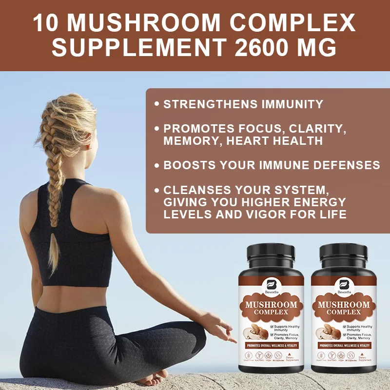 BEWORTHS Chaga,Reishi and Lion\'s Mane Mushroom Complex Capsules for Focus and Memory Health Relief Stress Dietary Supplement 