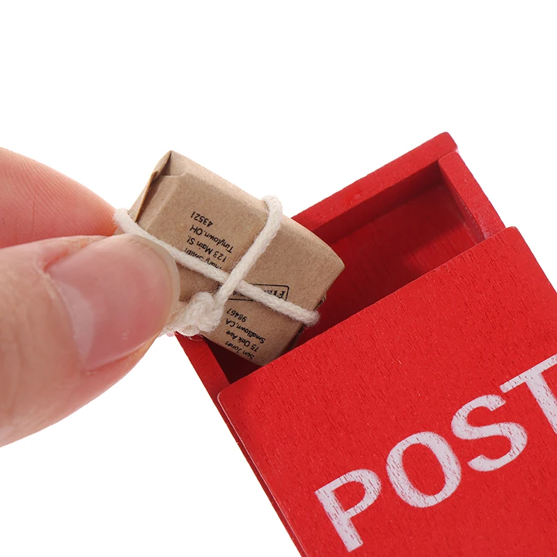1Set 1:12 Dollhouse Miniature Red Letter Box Mailbox With Mail Sack Postcard Fairy Garden Door Furniture Decor Toy