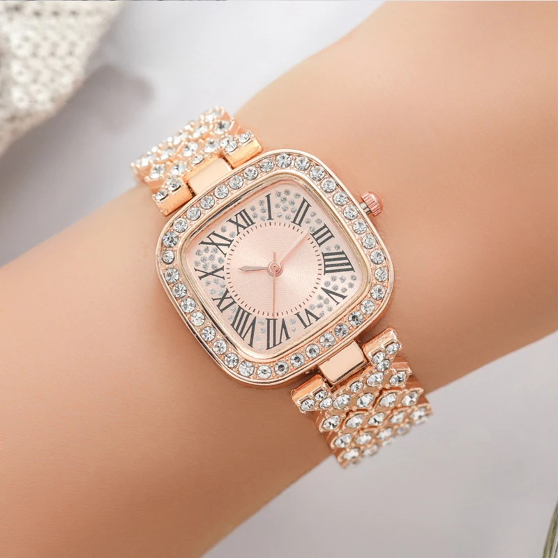 Fashion Women\'s Watch Metal Strap Square Luxury Full Diamond Rhinestone Inlay Strap Quartz Watch for Women Gift Clock