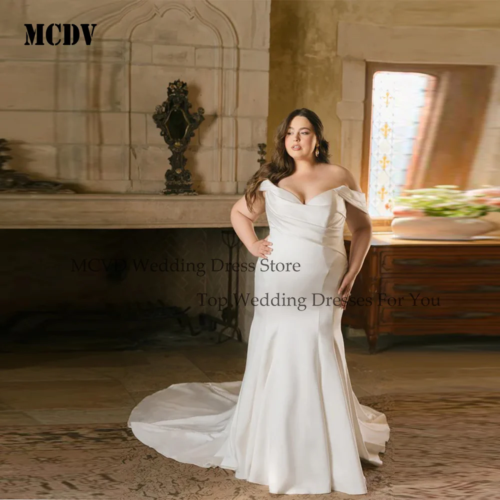 

MCDV Customized Simple Plus Size Wedding Dress Mermaid Off-Shoulder Long Pearls Bridal Gowns Satin Sleeveless Vestidos de Novia