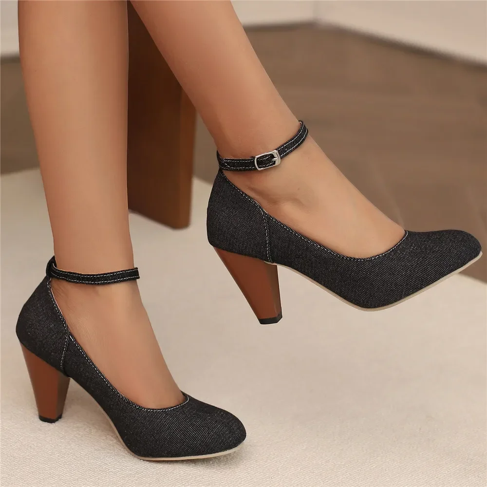 Round toe ladies Denim pumps retro female spike thick high heel women shoes blue mary janes heels Office Party Banquet 2024