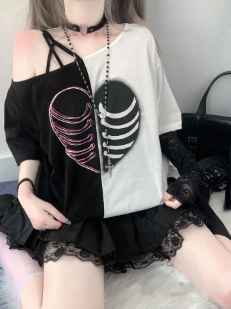 Y2k Aesthetics Off Sohulder Tops Punk Skull Print Gothic T-shirt Women Harajuku E Girl Tshirt Ladies  Grunge Streetwear