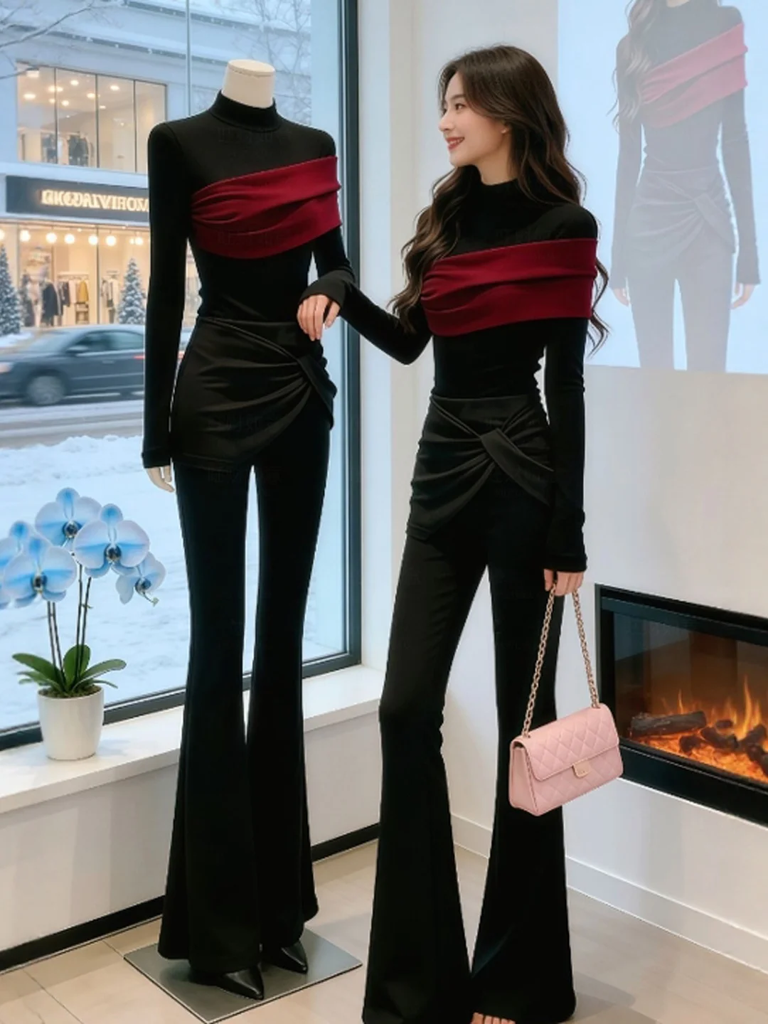 

Retro Designed Slim Fit Long Sve T-irt Color Blo Beautiful Unique Women's Faion Winter High Collar Korean Sle Top